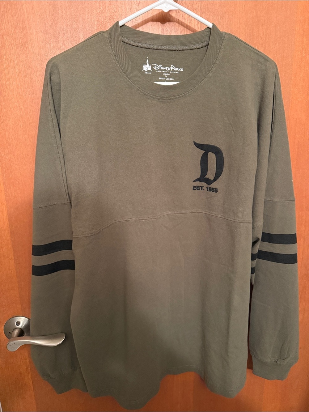 Disney Men’s Olive Green Long-Sleeve Crew with Black Logo